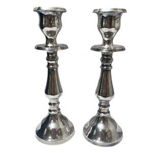 POTTERY BARN Candlesticks Pair Silvertone Metal 8.5" Candle Holders